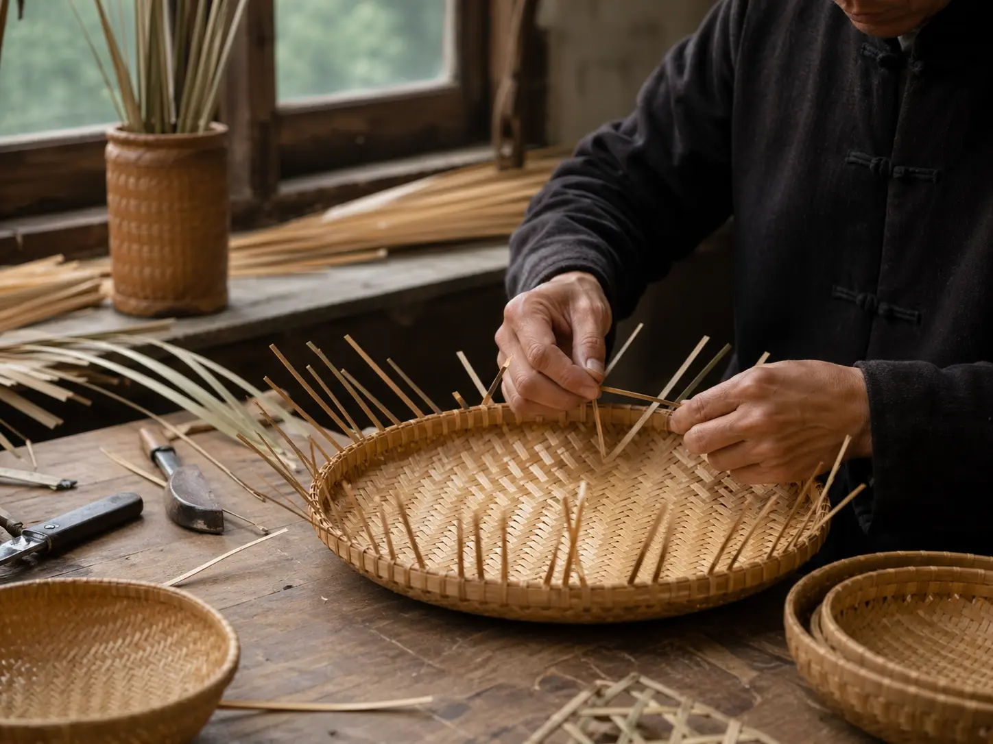 Chinese bamboo weaving craft with handmade basket texture and natural materials