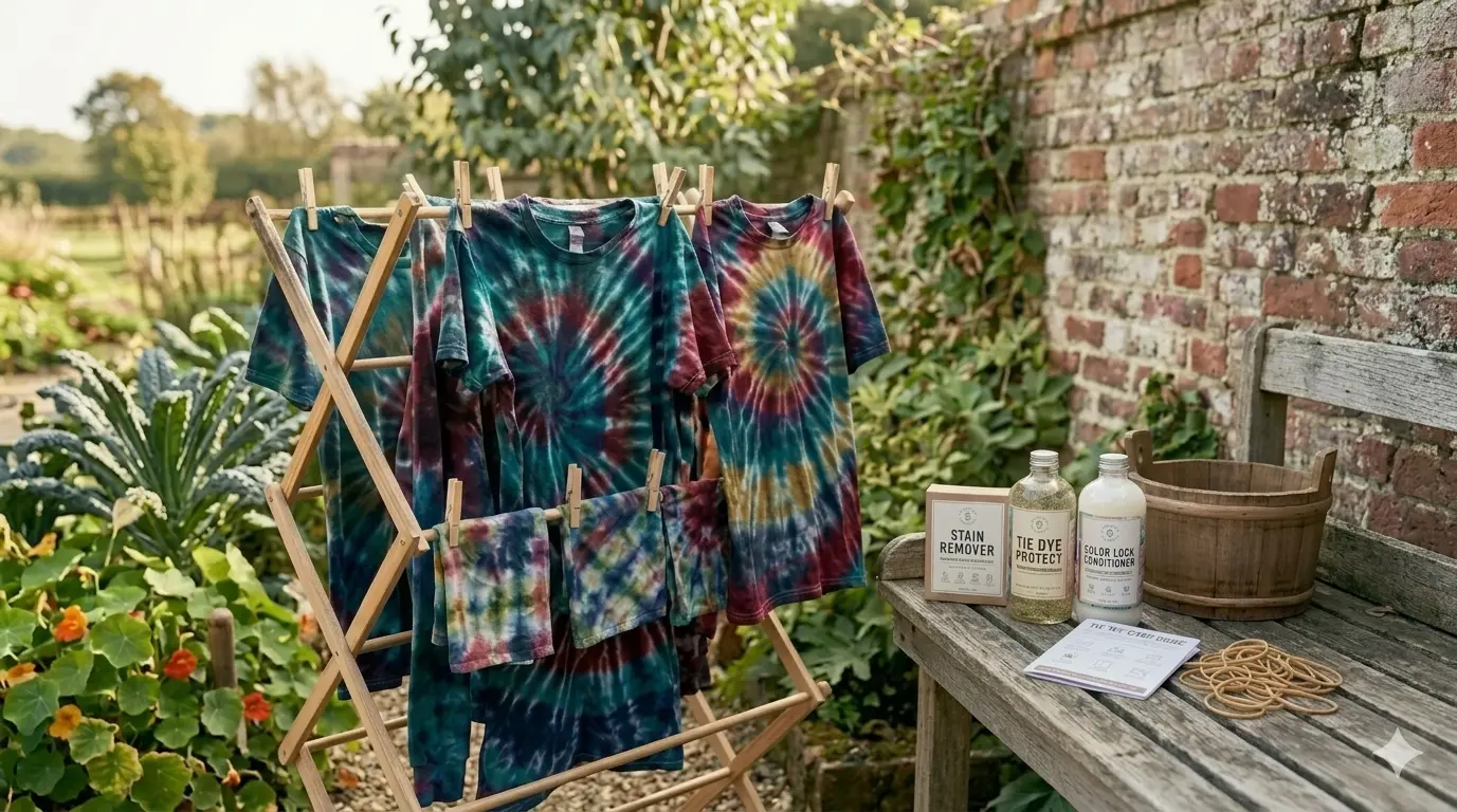 Air drying tie dye clothes outside to protect color from fading