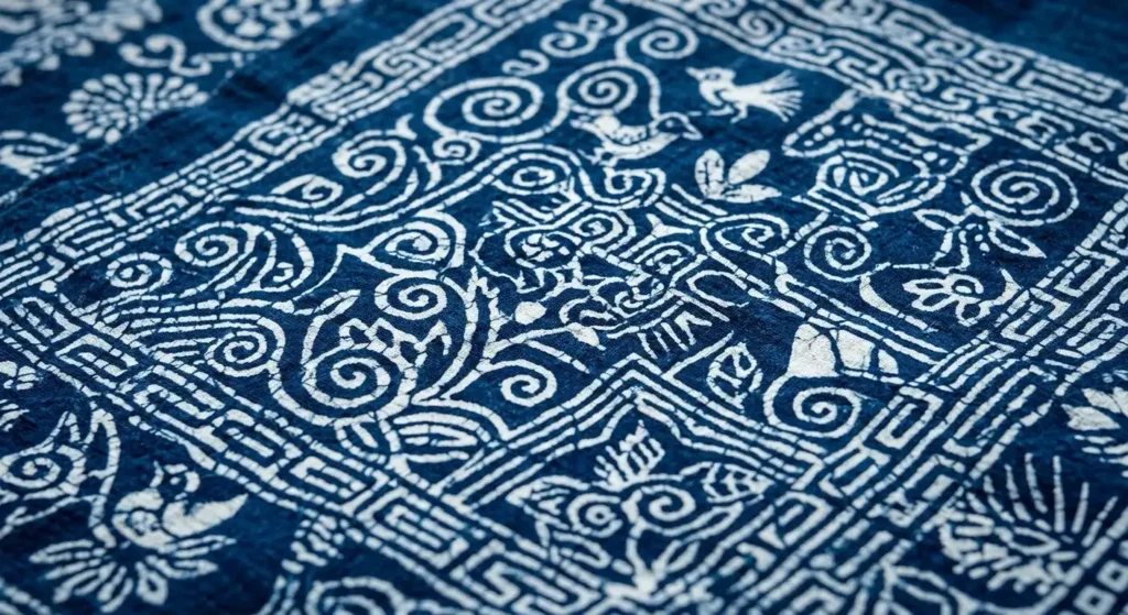 handmade batik fabric blue white wax resist dye pattern
