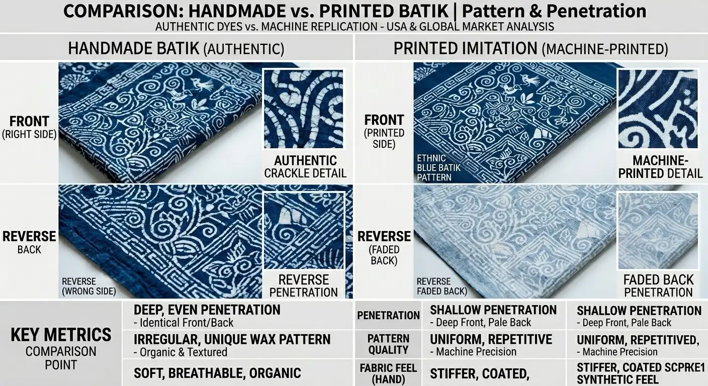 Comparison guide showing handmade batik versus printed batik fabric differences