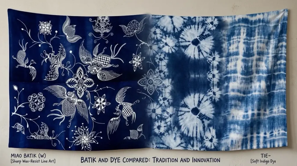 batik vs tie dye fabric pattern comparison blue white and colorful textile