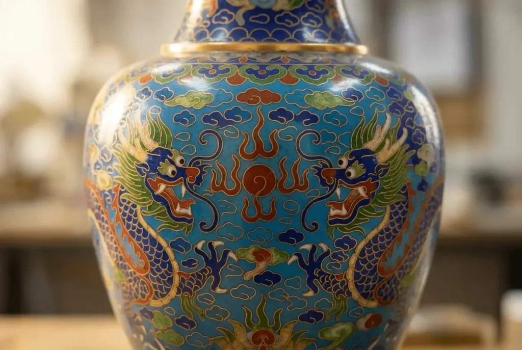 Chinese cloisonne enamel art with colorful patterns and gold wire detailing