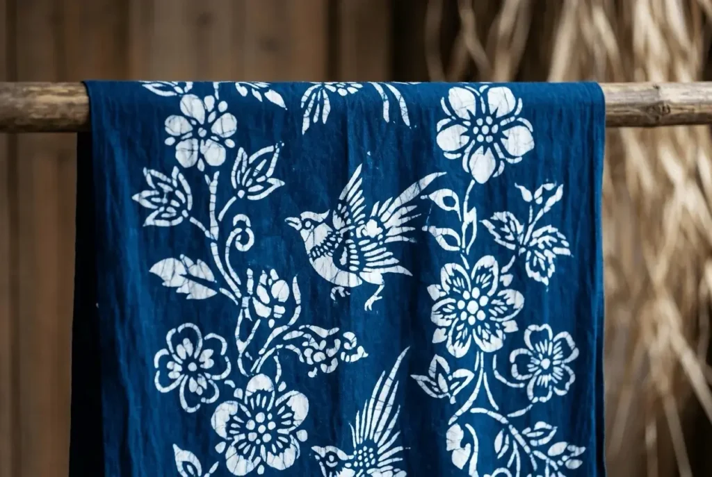 Chinese indigo dye batik fabric with natural blue patterns and textures
