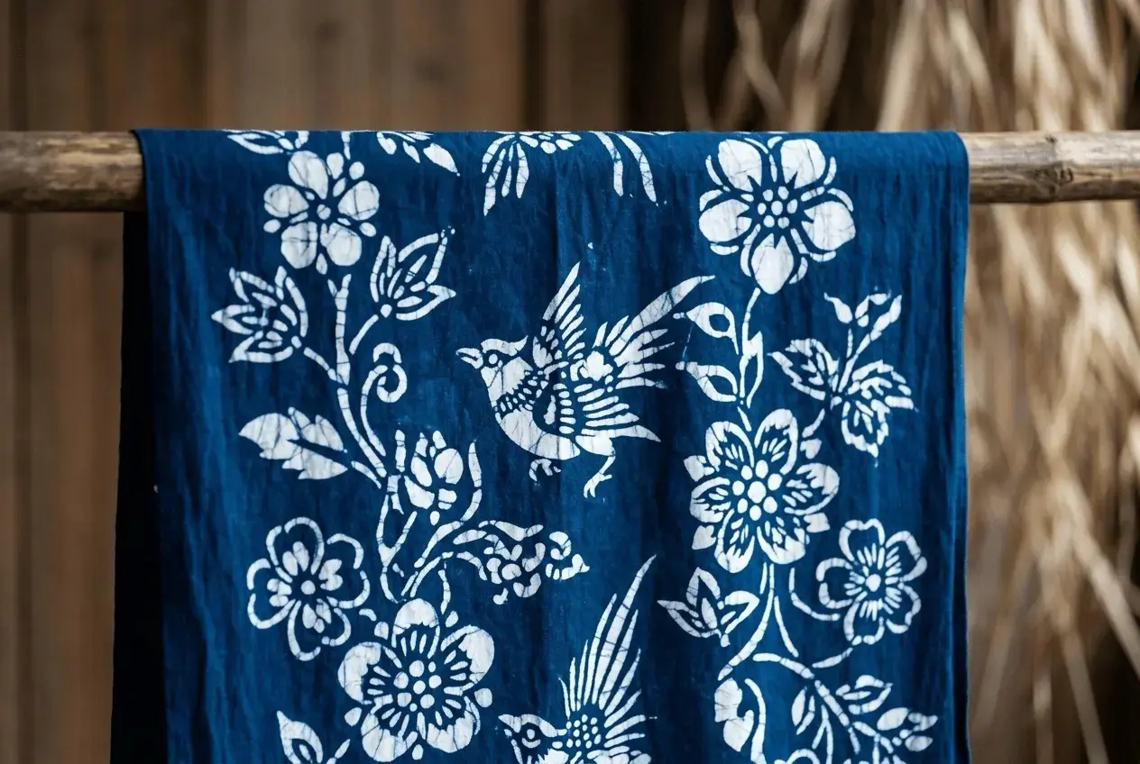 Indigo dyed fabric with blue and white resist patterns as a traditional Chinese textile craft