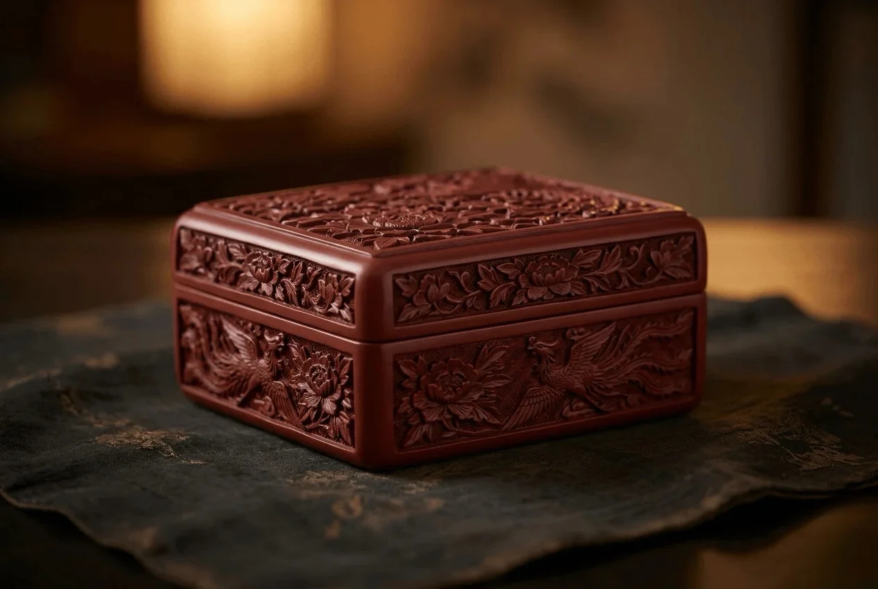 Chinese lacquerware object with polished surface and decorative handmade details