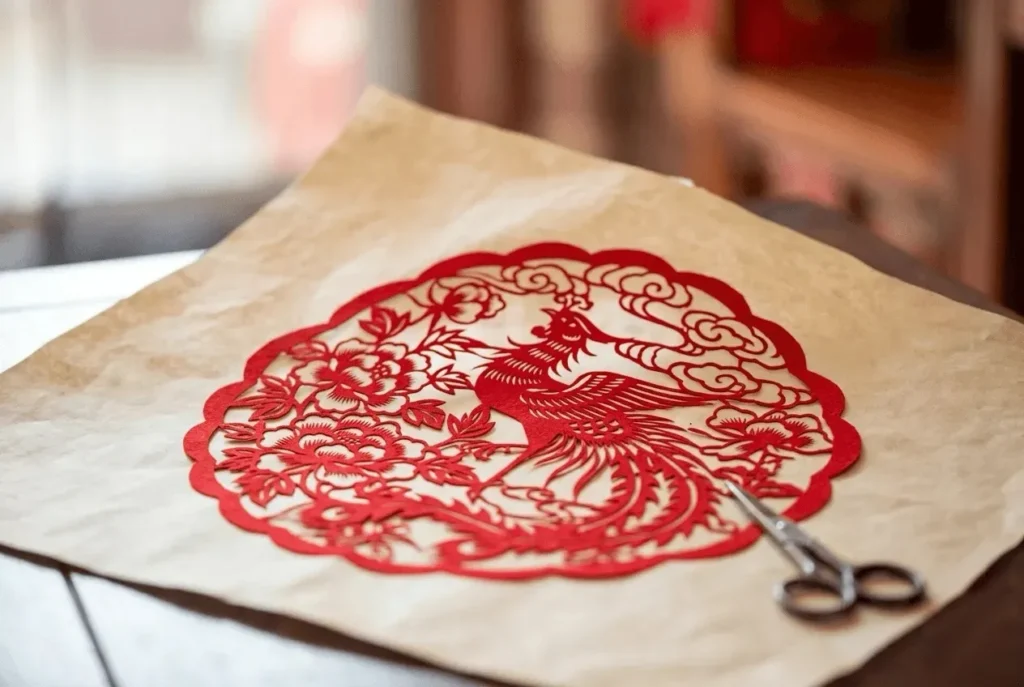 Traditional Chinese paper cutting art with red decorative patterns