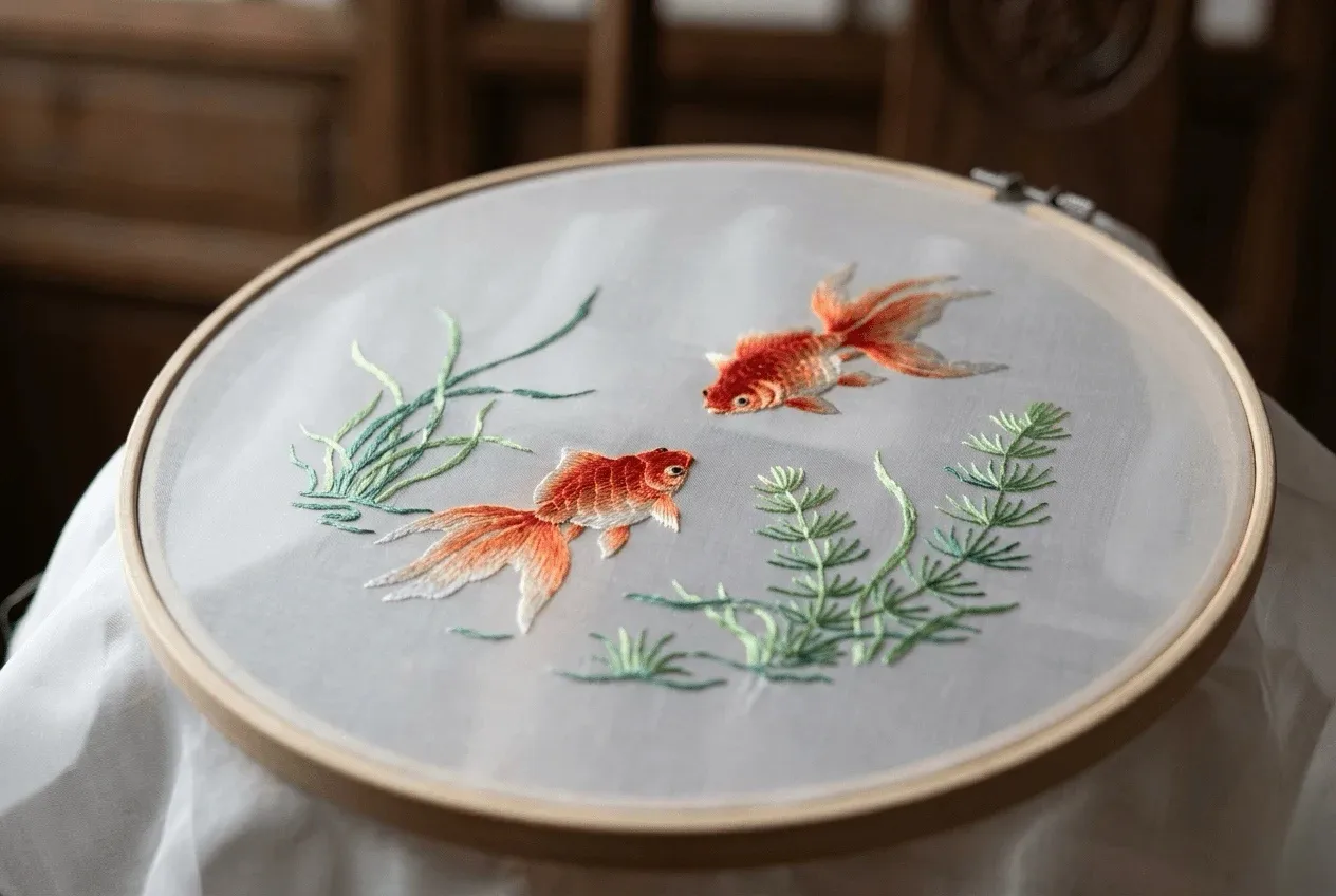 Chinese embroidery with delicate floral stitching as a traditional Chinese textile craft