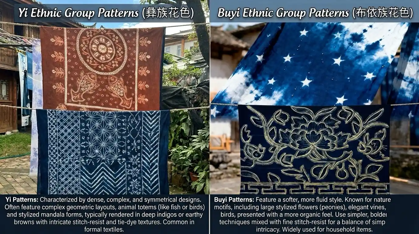 Chinese ethnic tie dye styles showing Yi and Buyi indigo textile patterns