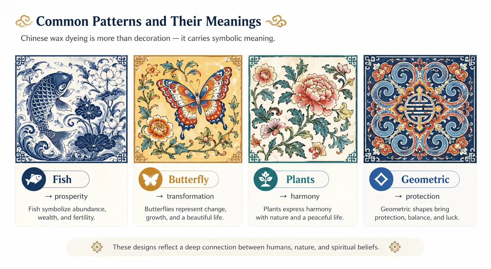 Common Chinese batik patterns and symbolic meanings including fish butterfly plants and geometric motifs