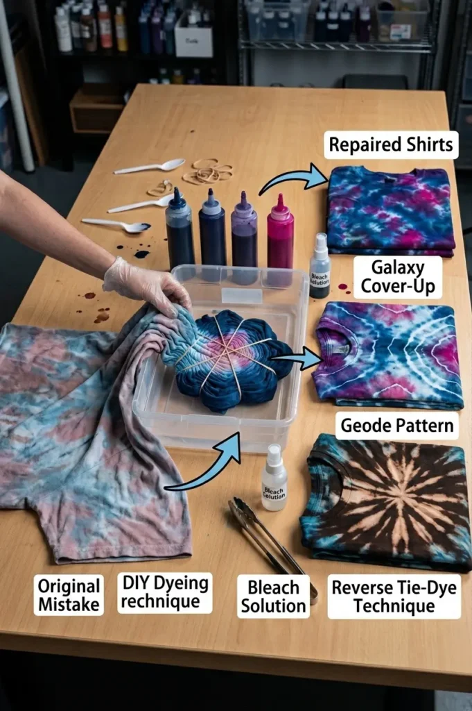 Indigo tie dye shirt and fabric swatches showing how to fix common tie dye mistakes