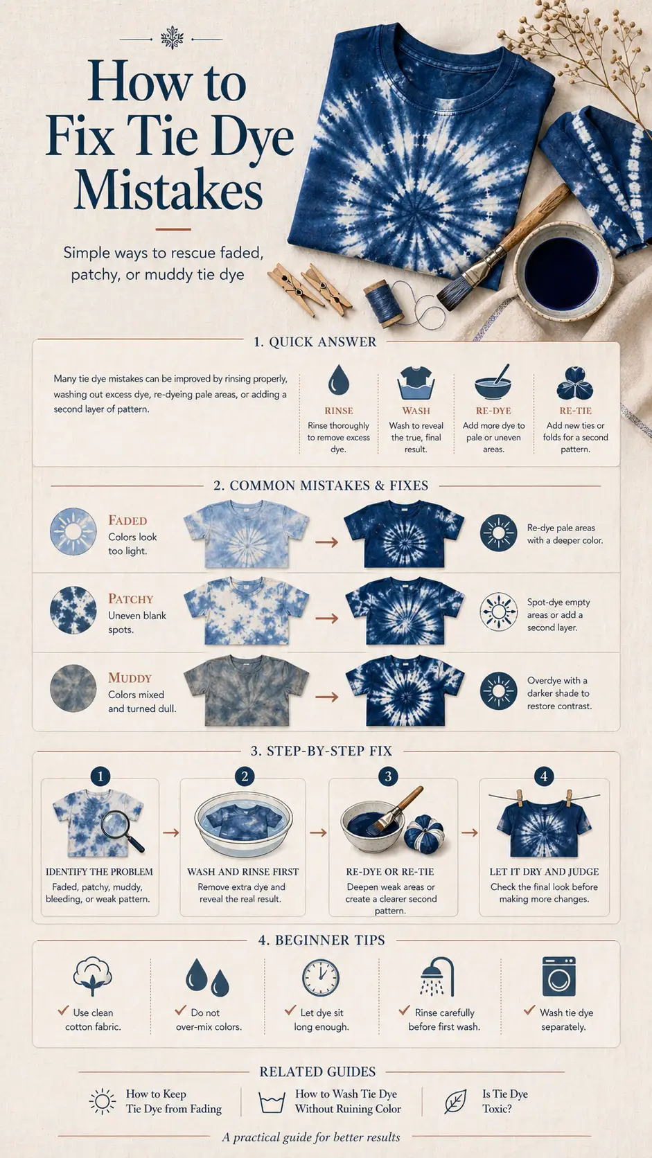 How to fix tie dye mistakes visual guide showing faded muddy patchy and bleeding fixes