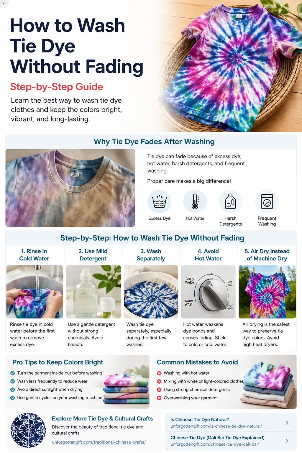 Step by step infographic showing how to wash tie dye without fading