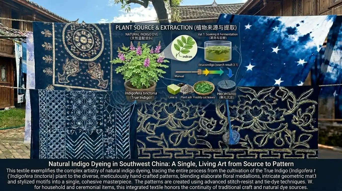 Natural indigo dye and traditional Chinese tie dye textile patterns