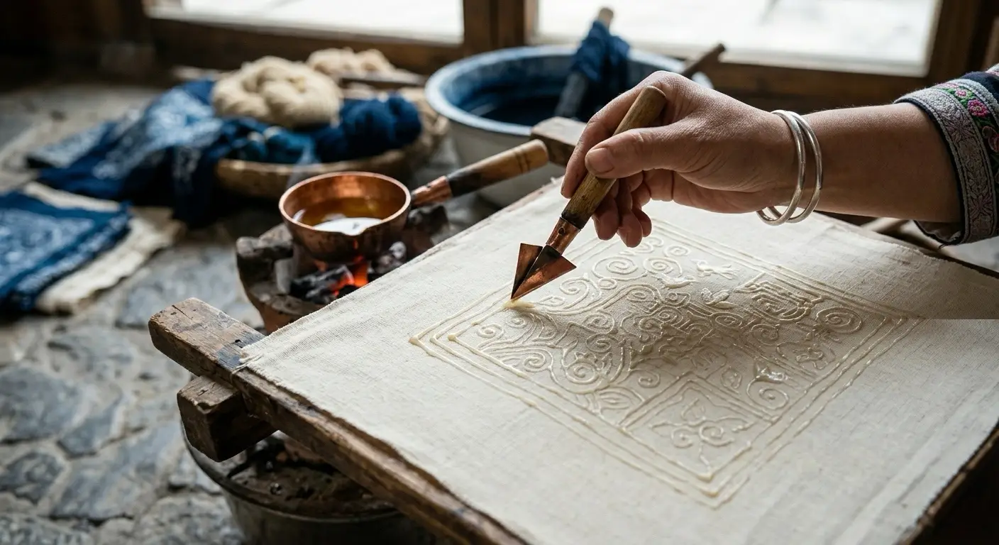 Miao batik wax dyeing process showing handmade wax-resist pattern drawing