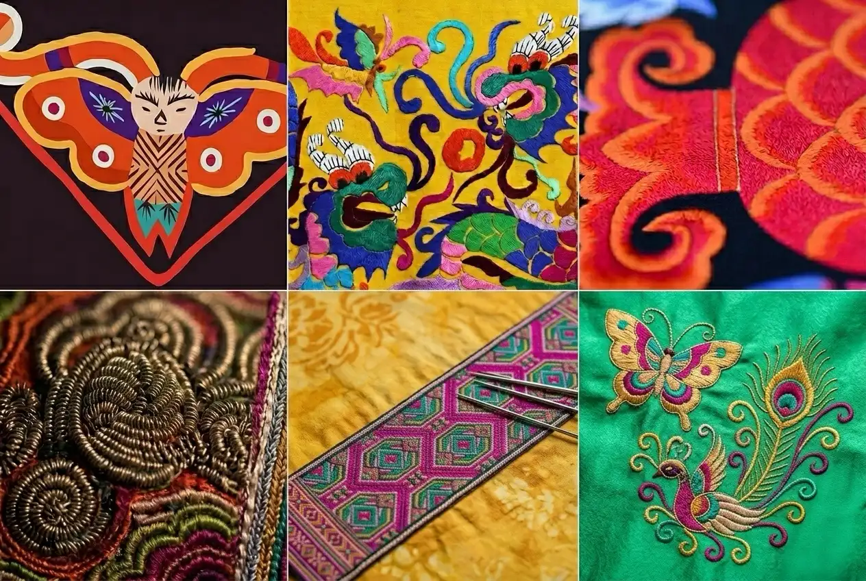 Miao embroidery symbols and meanings including butterflies birds dragons and geometric patterns