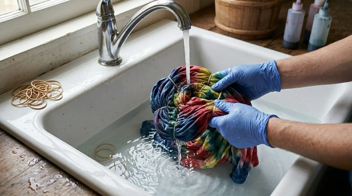 Rinsing tie dye shirt in cold water to keep colors from fading