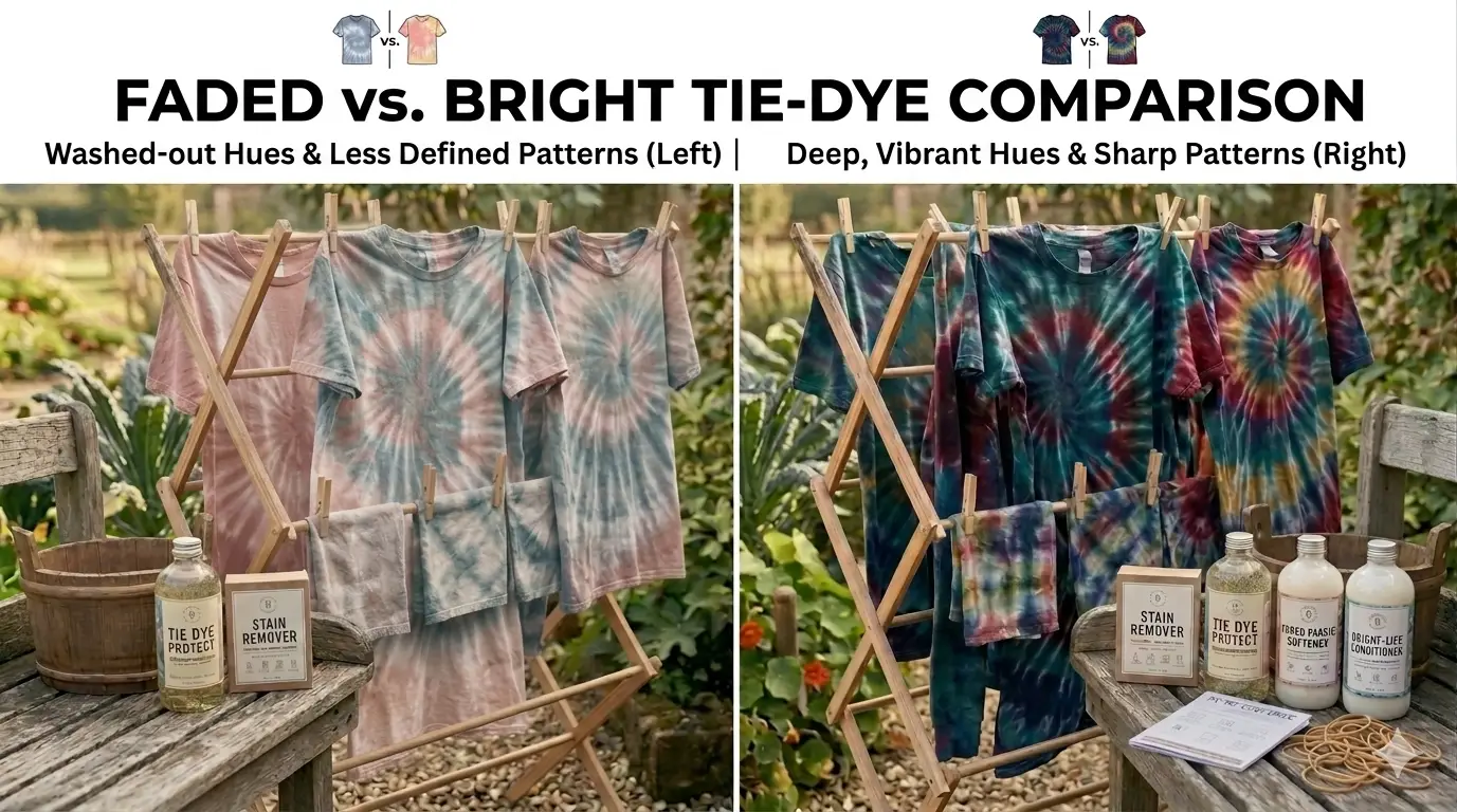Faded vs bright tie dye comparison showing how care affects color