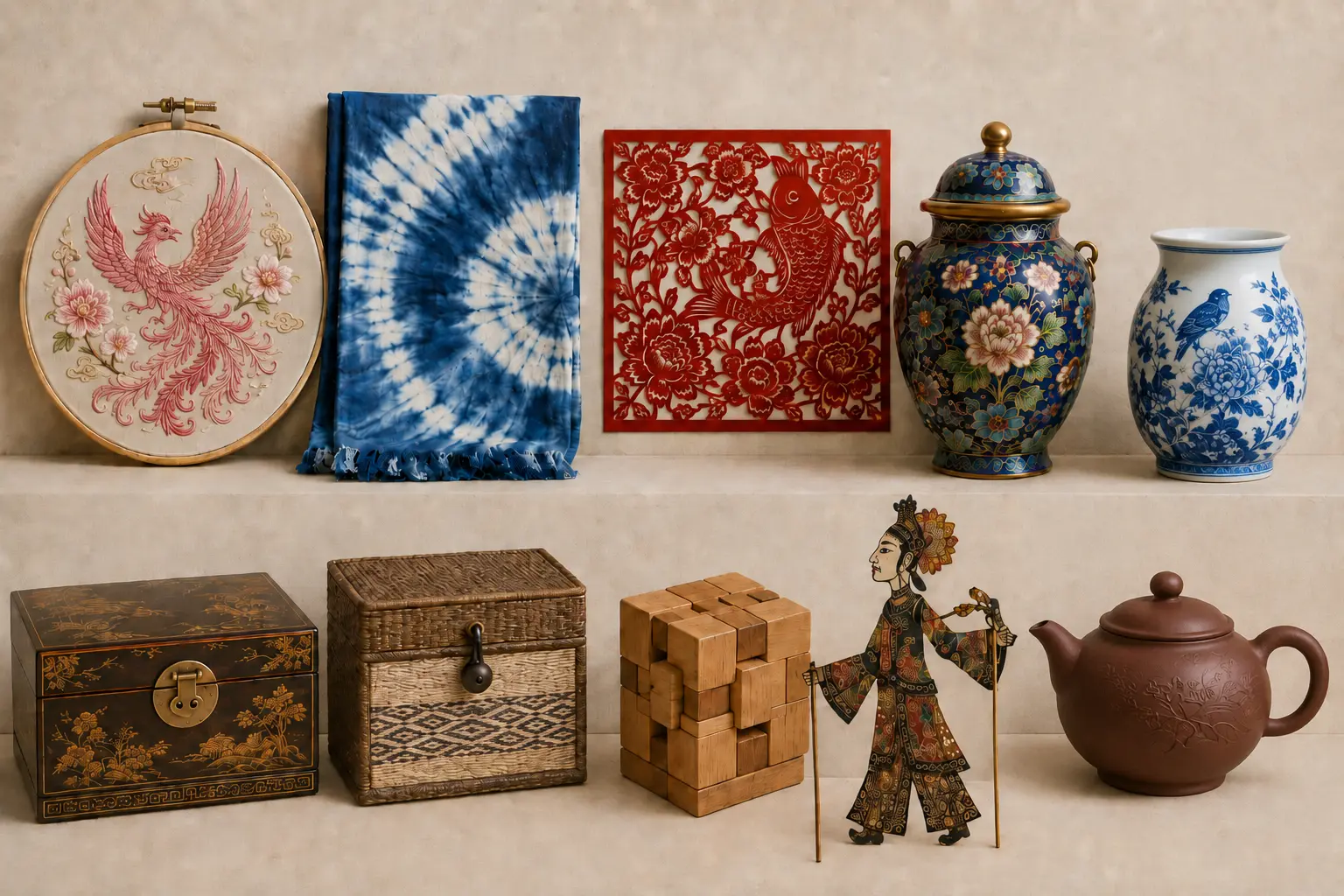 Chinese crafts for adults with embroidery, indigo textile, paper cutting, porcelain, lacquer box, bamboo storage box, mortise and tenon puzzle, shadow puppet, and zisha teapot