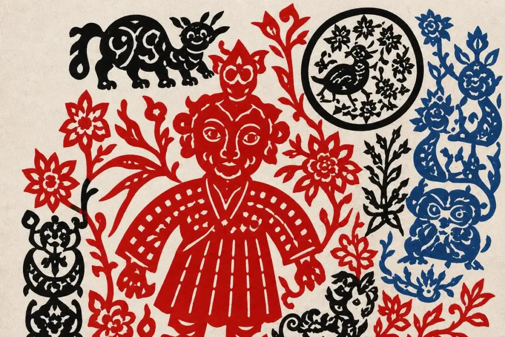 Chinese paper cutting reference showing folk-style silhouettes