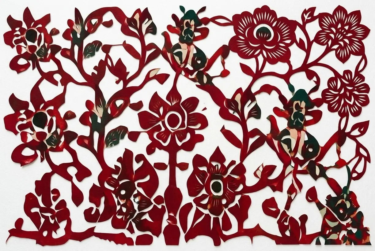 Chinese paper cutting flower and tree designs with colorful folk-art patterns