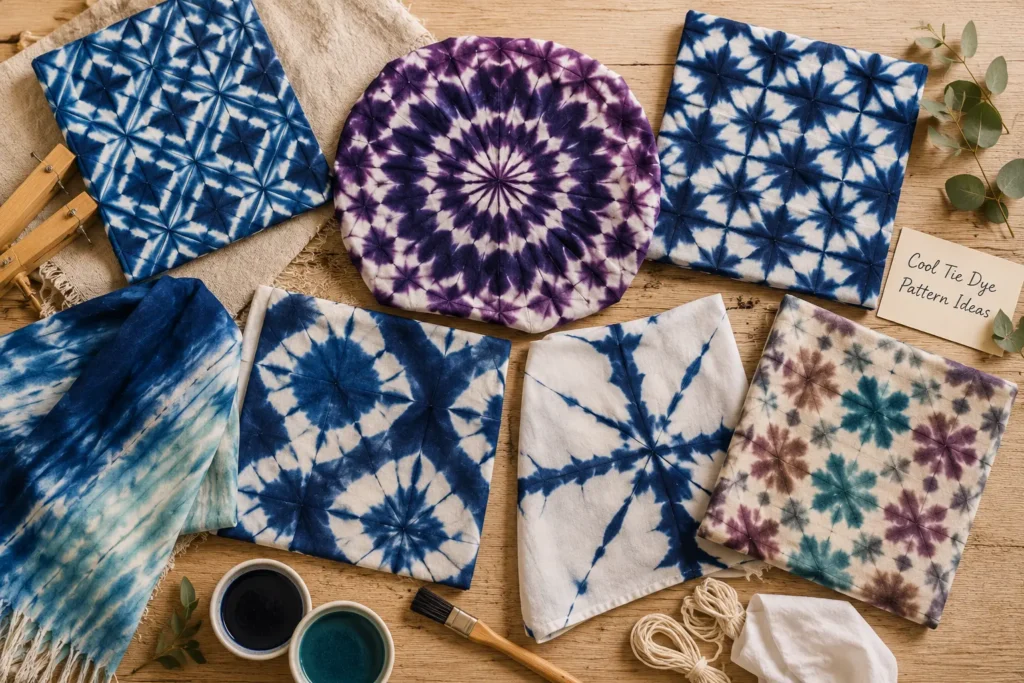 Cool tie dye patterns and unique design ideas with blue-white geometric, mandala, clamp-resist, and Bai-inspired indigo textile patterns