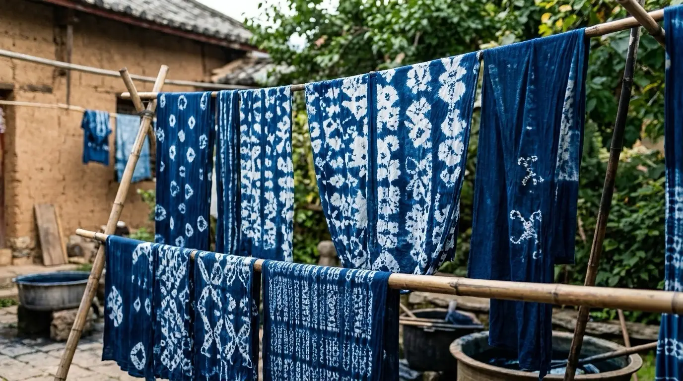 Artisan dyeing indigo fabric in a traditional Bai-style courtyard in Dali, Yunnan