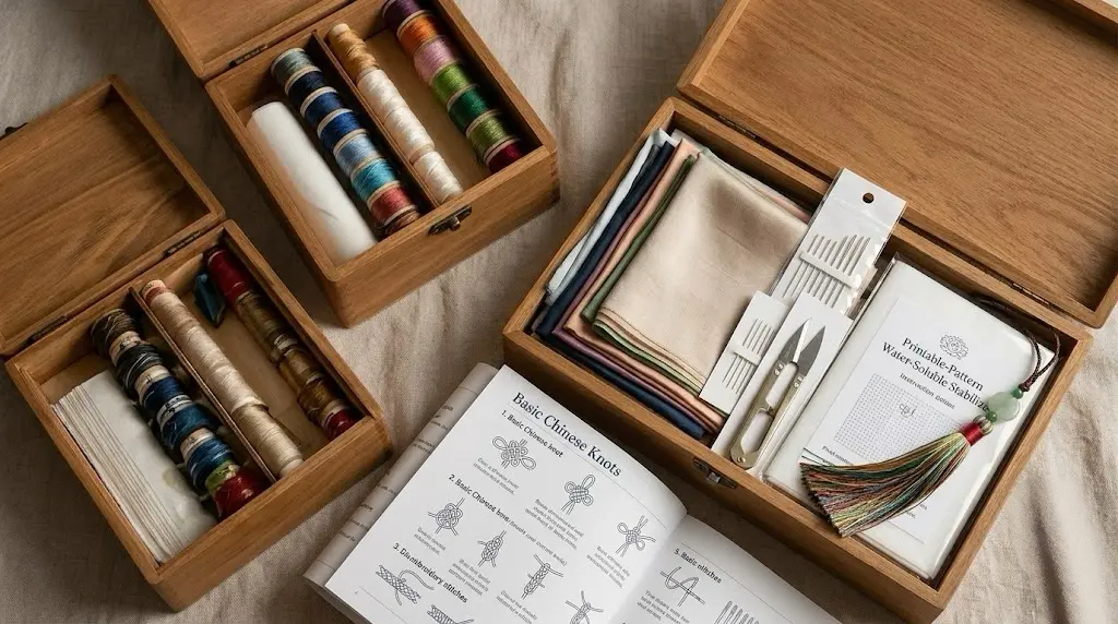 Decorative handmade gift pouch on a wooden table with crafting materials around