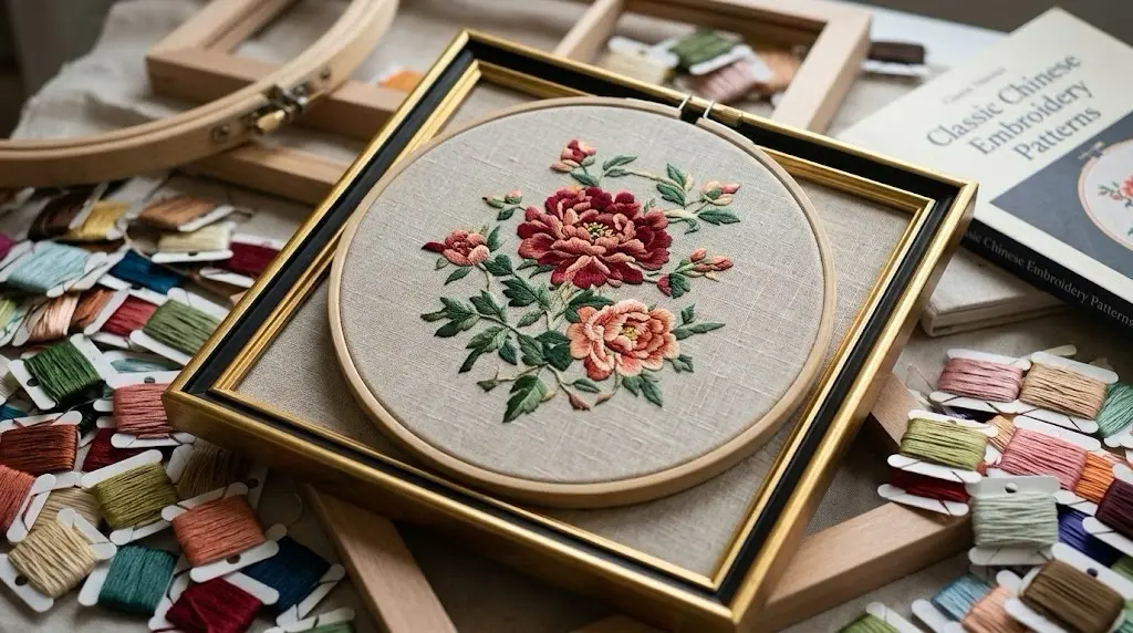 Person embroidering a floral and bird motif on silk using an embroidery hoop