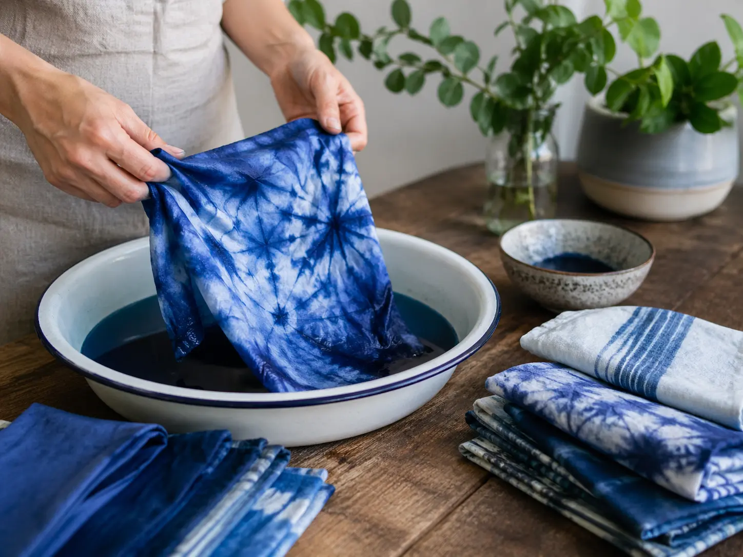 Hands handling indigo-dyed fabric in a home craft setting with dye basin and folded cloths