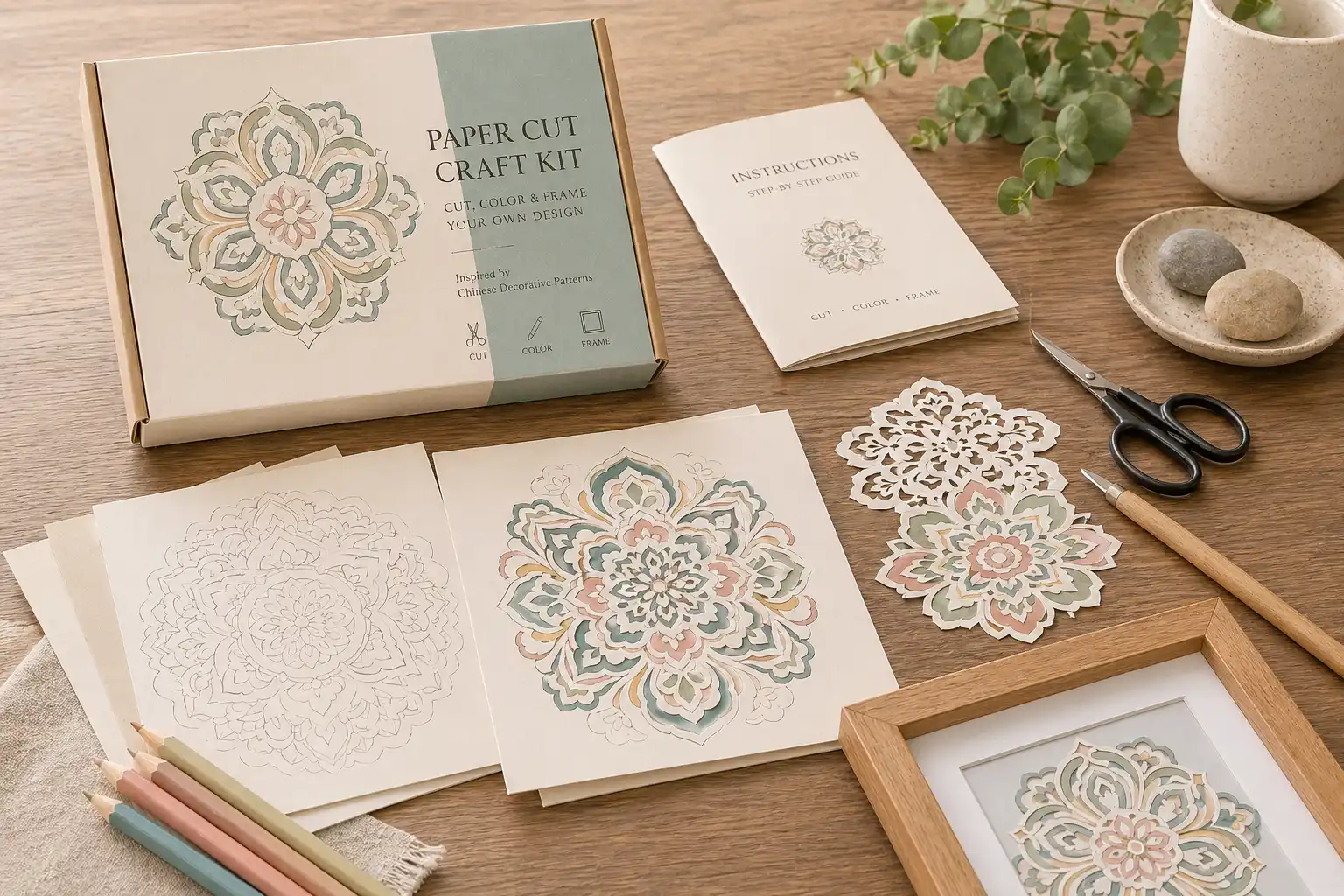 Hands creating a traditional Chinese paper-cut design with scissors on a wooden table