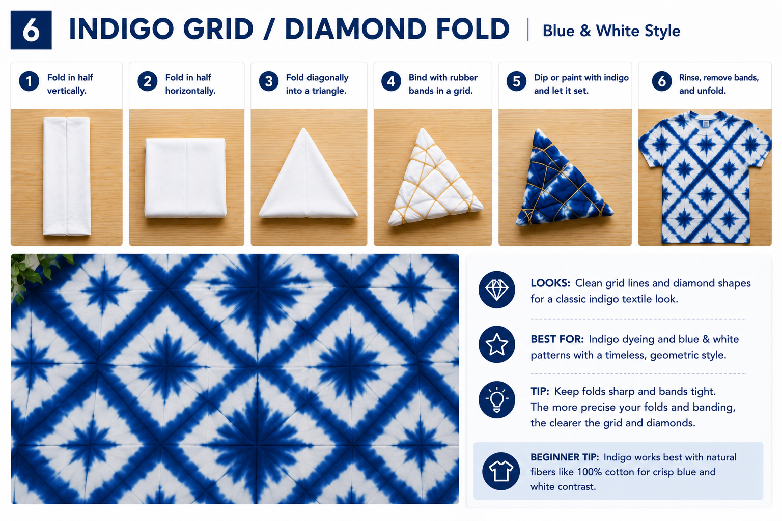 Step-by-step indigo grid and diamond fold tie dye pattern showing folded fabric, rubber band placement, blue dye application, and a geometric blue and white result.