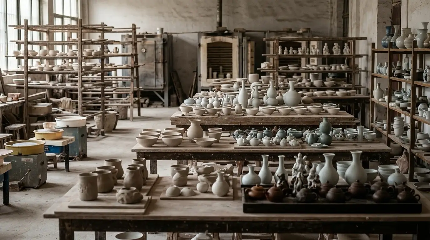 Artisan painting blue-and-white porcelain by hand in a Jingdezhen ceramic workshop