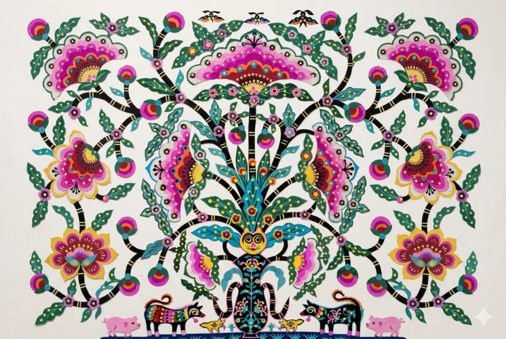 colorful folk paper-cut artwork, featuring bold figures and bright collage-style composition