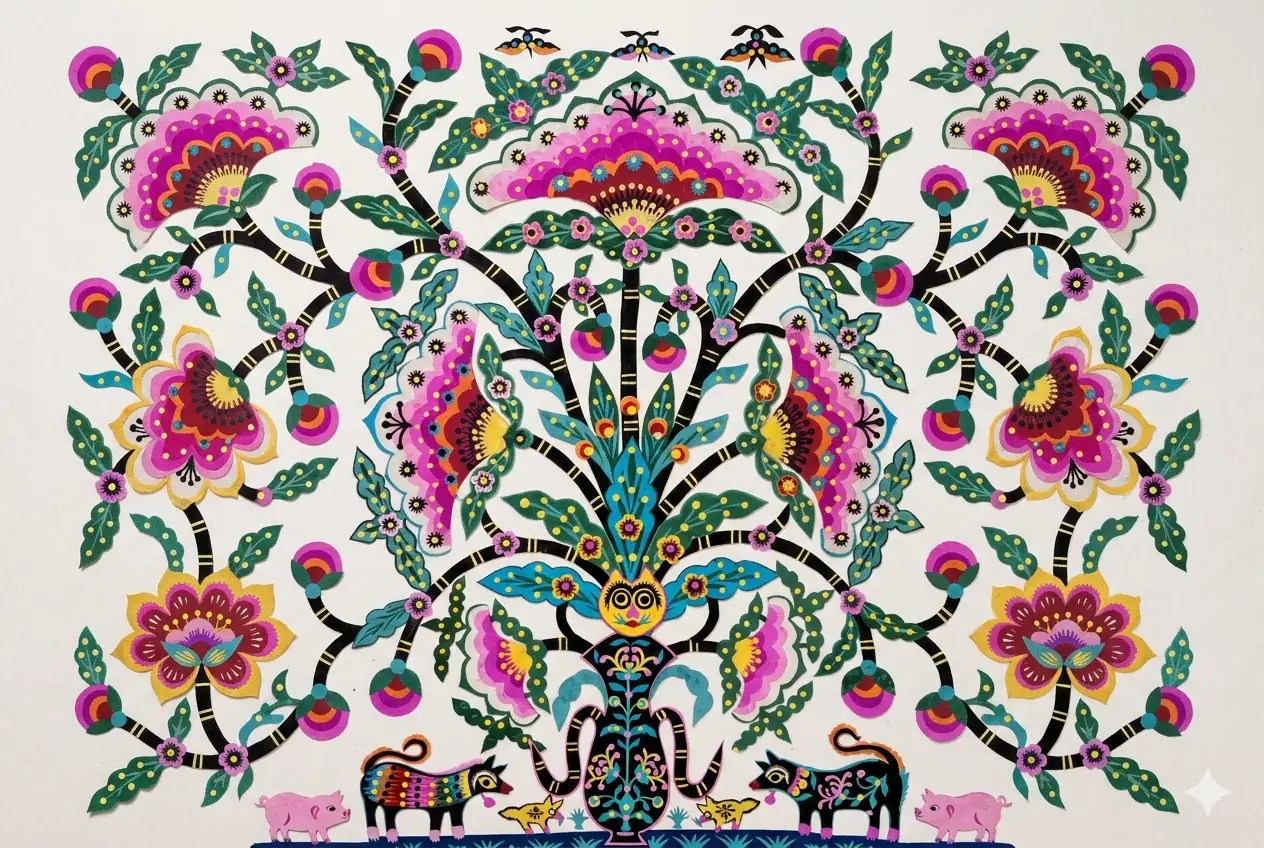 Chinese paper cutting gift idea with colorful folk art pattern