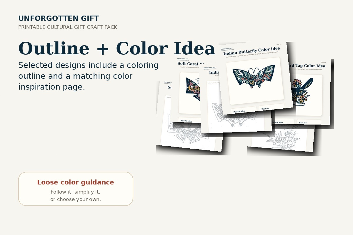 Outline and color idea pages preview for the Printable Cultural Gift Craft Pack