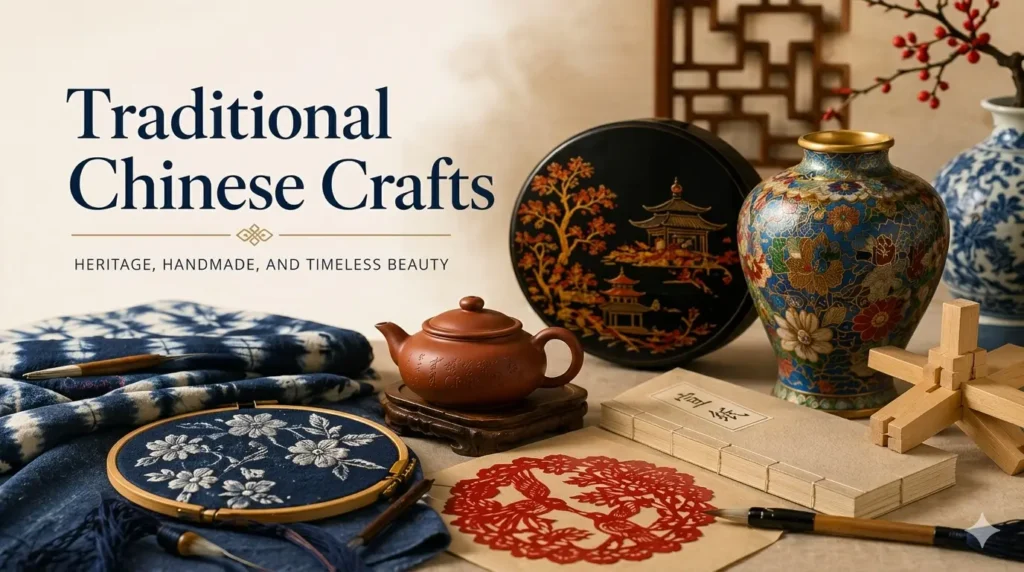 Traditional Chinese crafts with embroidery, porcelain, tie-dye fabric, paper cutting, zisha teapot, and wooden joinery