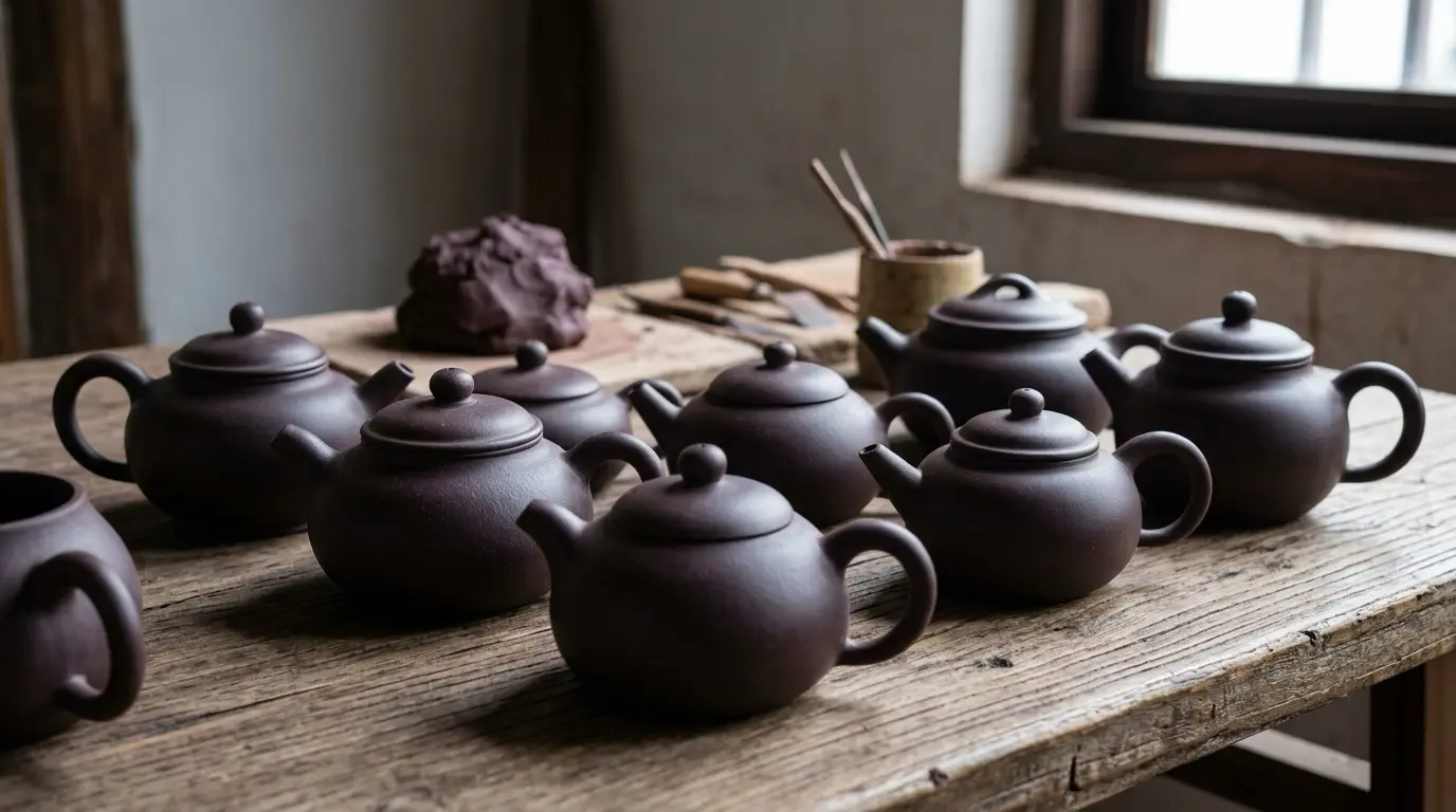 Craftsperson shaping a Yixing zisha clay teapot in a traditional pottery workshop
