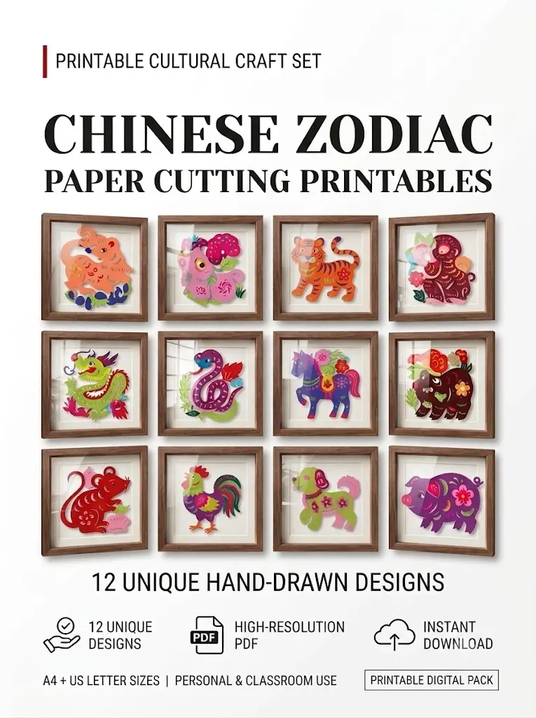 Chinese Zodiac paper cutting printables full pack cover featuring all 12 zodiac animals