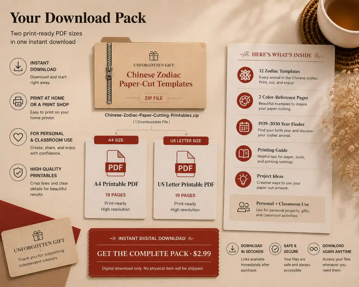 A4 and US Letter Chinese zodiac printable PDF download pack
