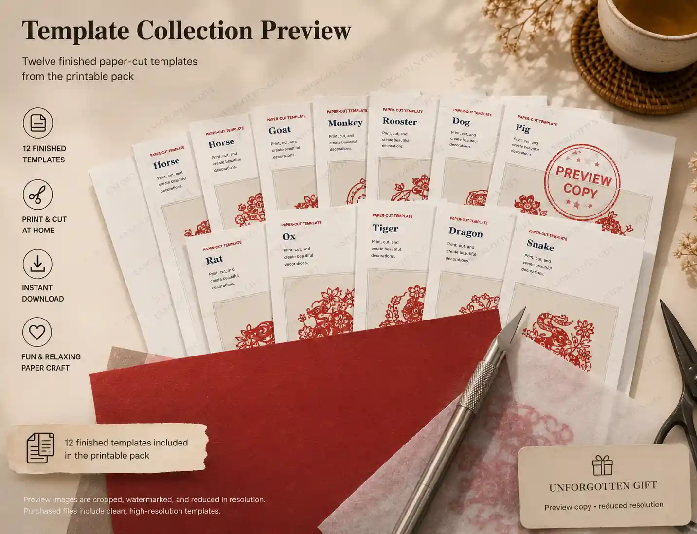Protected collection preview of 12 Chinese zodiac paper cutting templates