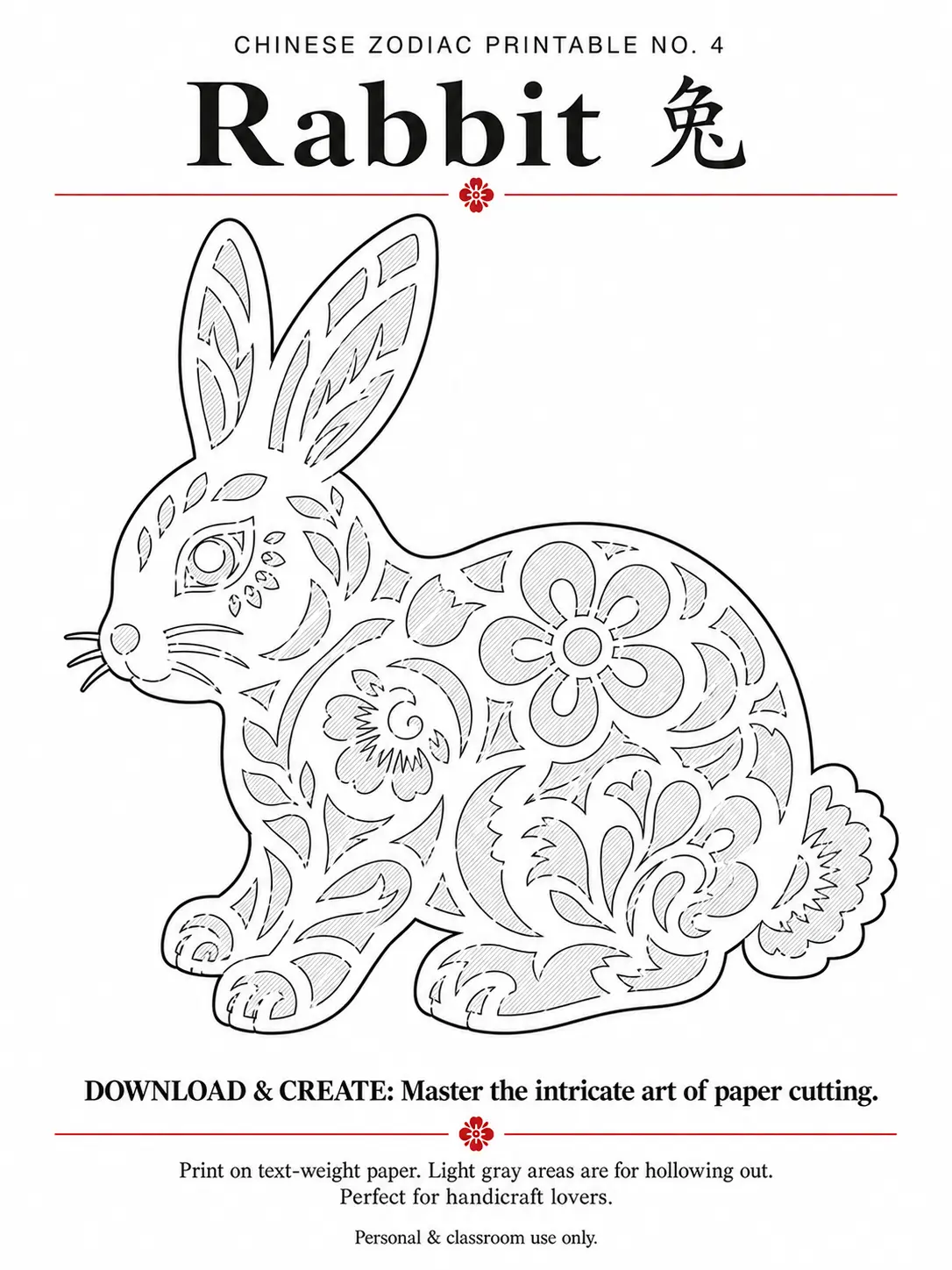 Free Chinese paper cutting pattern of a rabbit zodiac printable for home craft