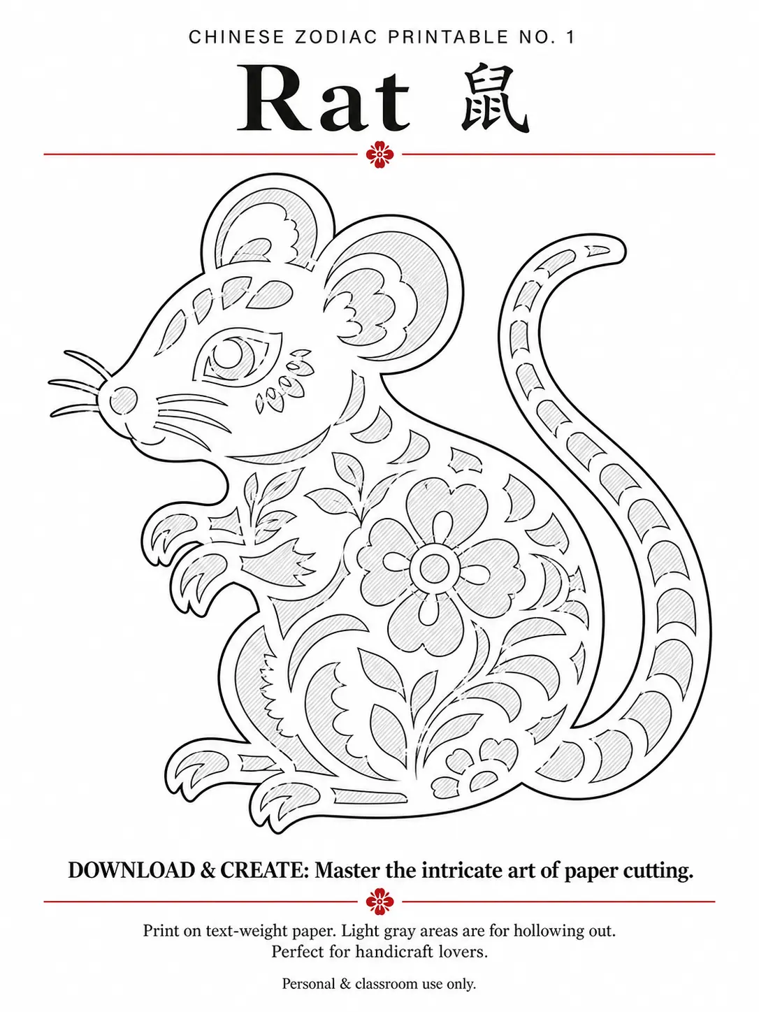 Free Chinese paper cutting template with a rat zodiac design for craft lovers