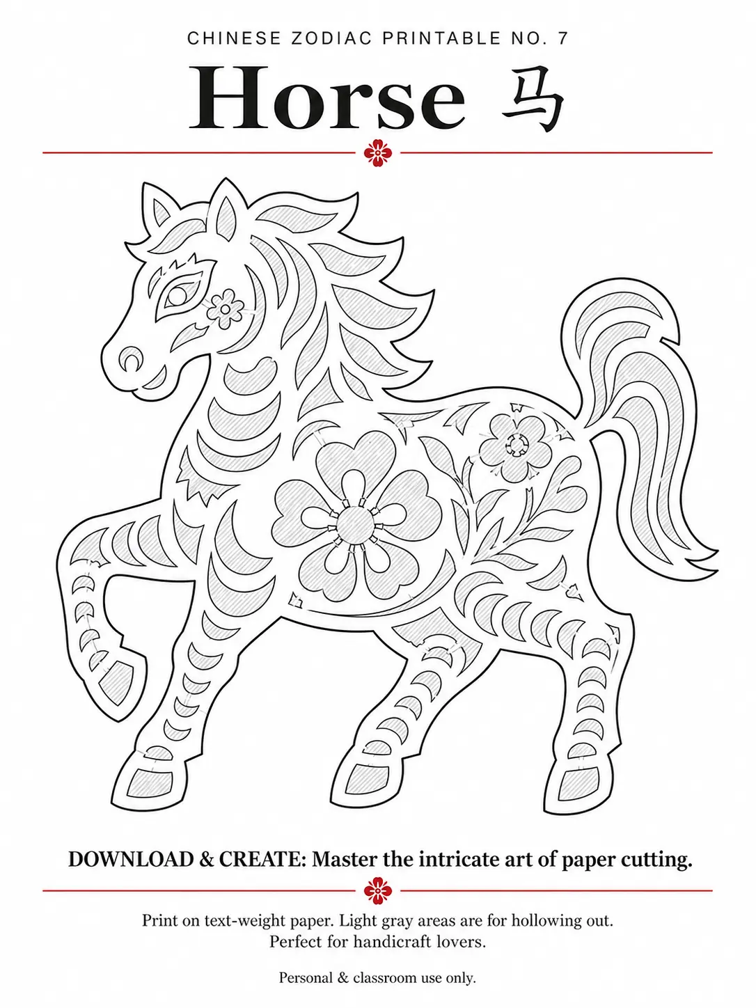 Free Chinese zodiac printable horse template featuring light gray hollowing out guides