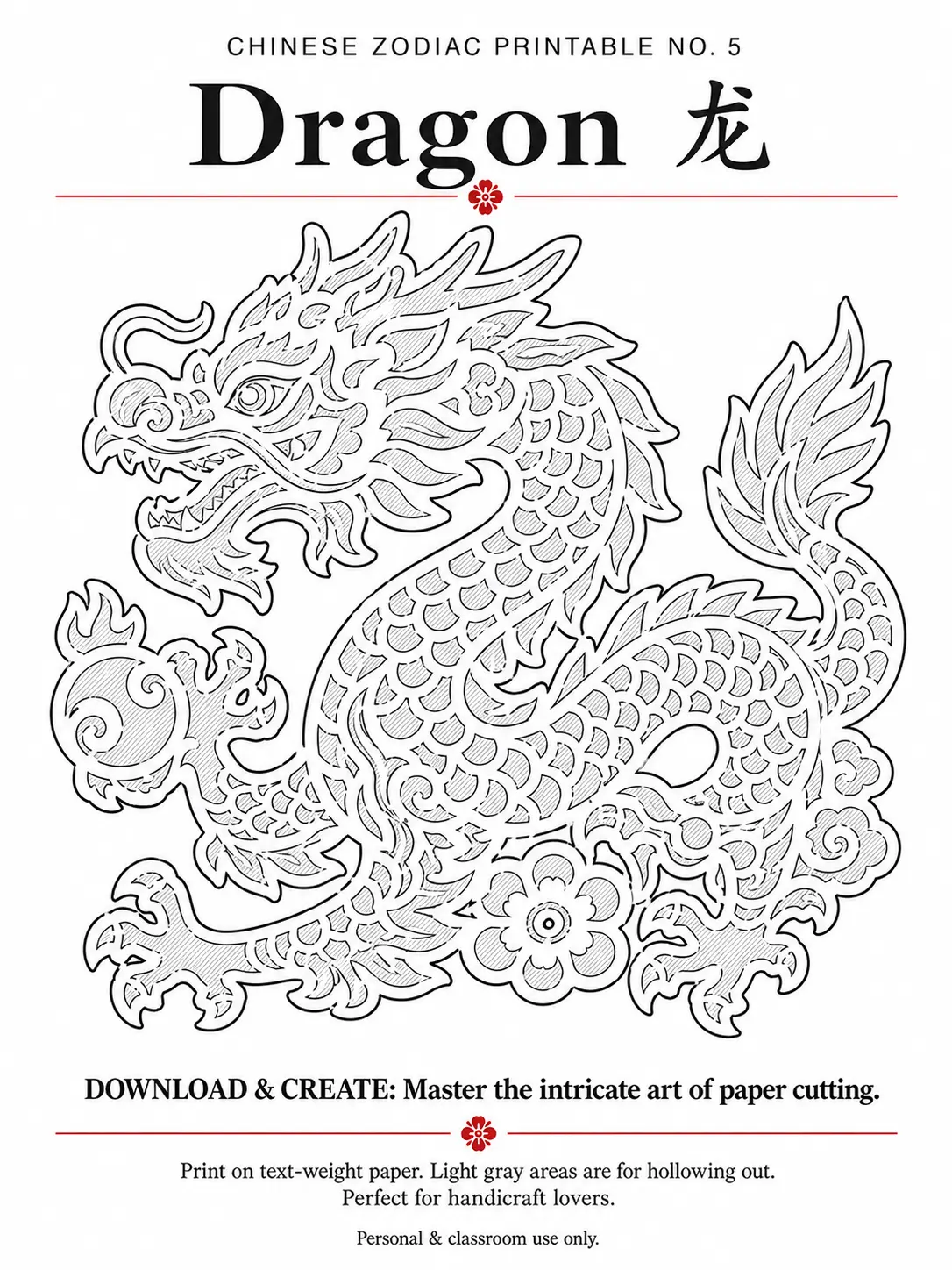 Chinese paper cutting template of an auspicious dragon design for cultural decoration