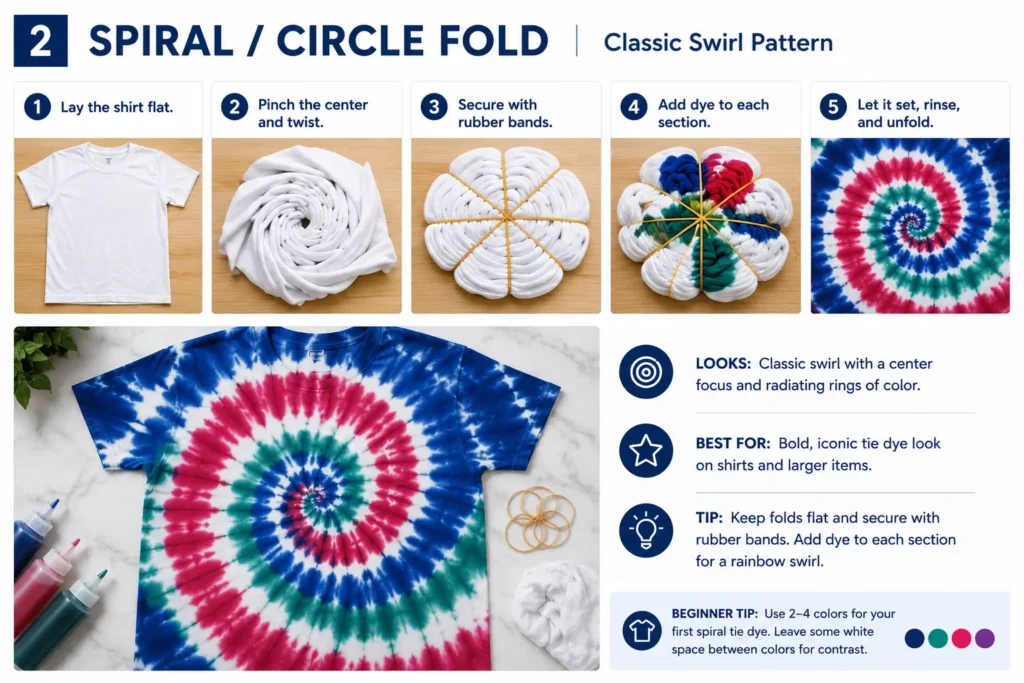 Step-by-step spiral tie dye pattern showing a shirt twisted from the center, secured with rubber bands, dyed in sections, and unfolded into a classic swirl design