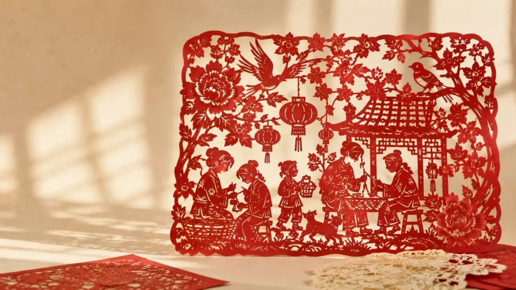 What is Chinese paper cutting: a traditional red jianzhi artwork with family life, flowers, birds, lanterns, and connected cut-paper details