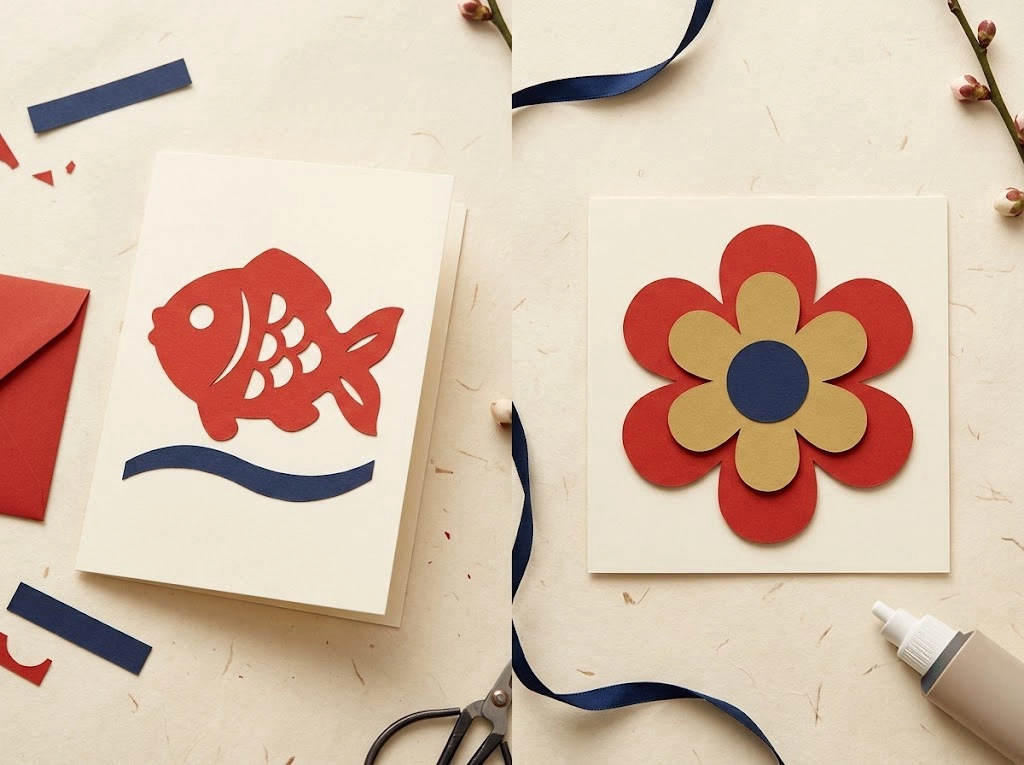 Chinese New Year fish greeting card and three-layer red gold and indigo paper flower craft