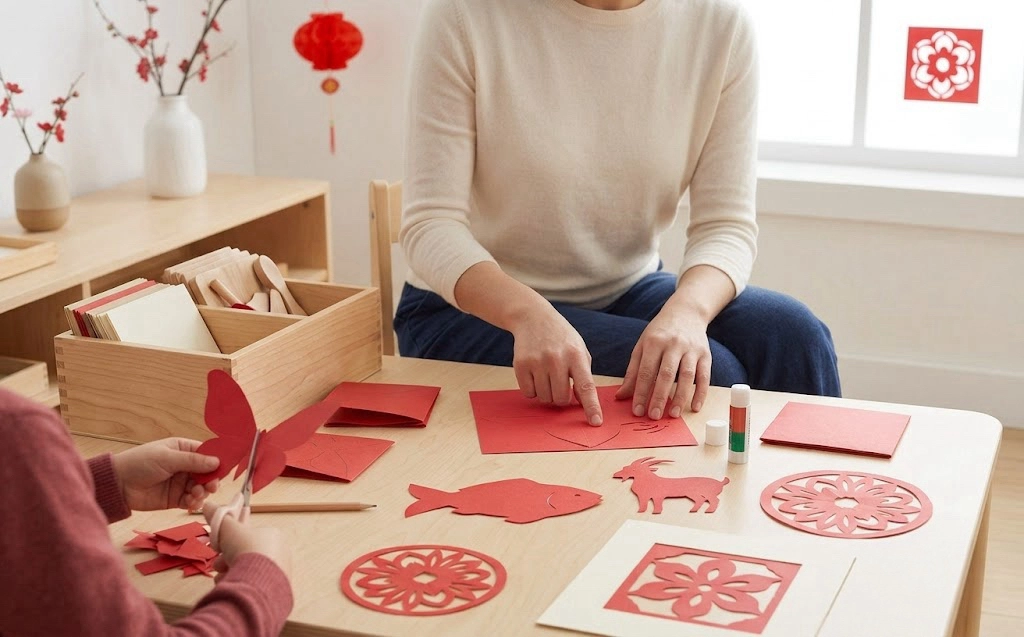 Children making simple Chinese New Year paper cutting crafts with adult supervision at a family craft table