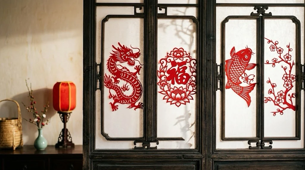 Chinese New Year paper cutting displayed on traditional windows with dragon, fish, Fu character, and plum blossom motifs