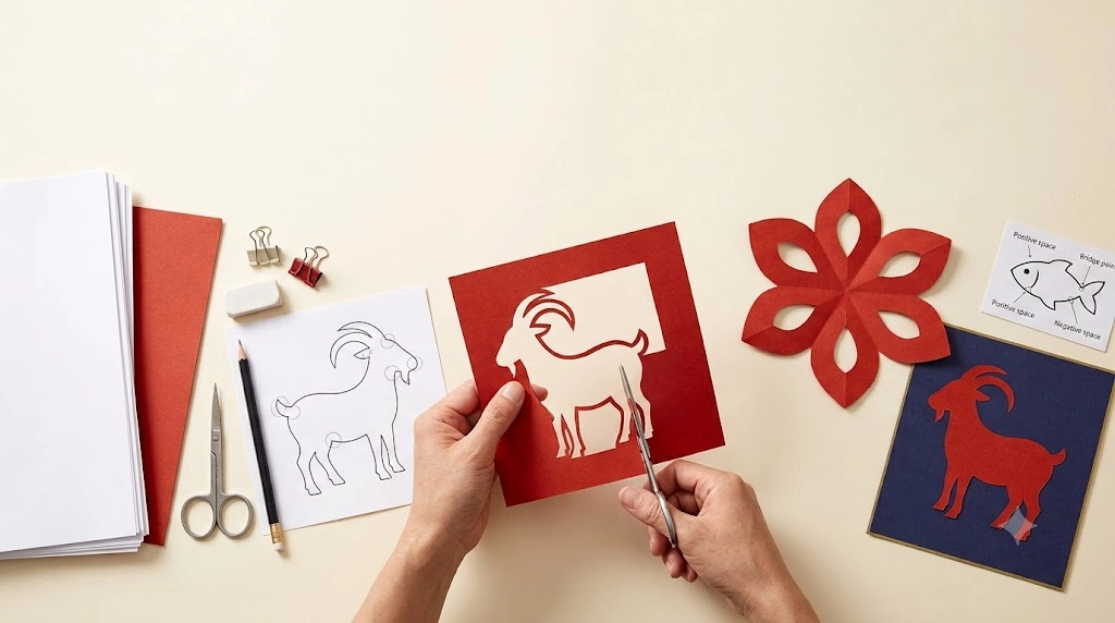 Chinese paper cutting tutorial workspace with scissors, a matching goat template and finished design, a six-petal flower, and a bridge structure diagram